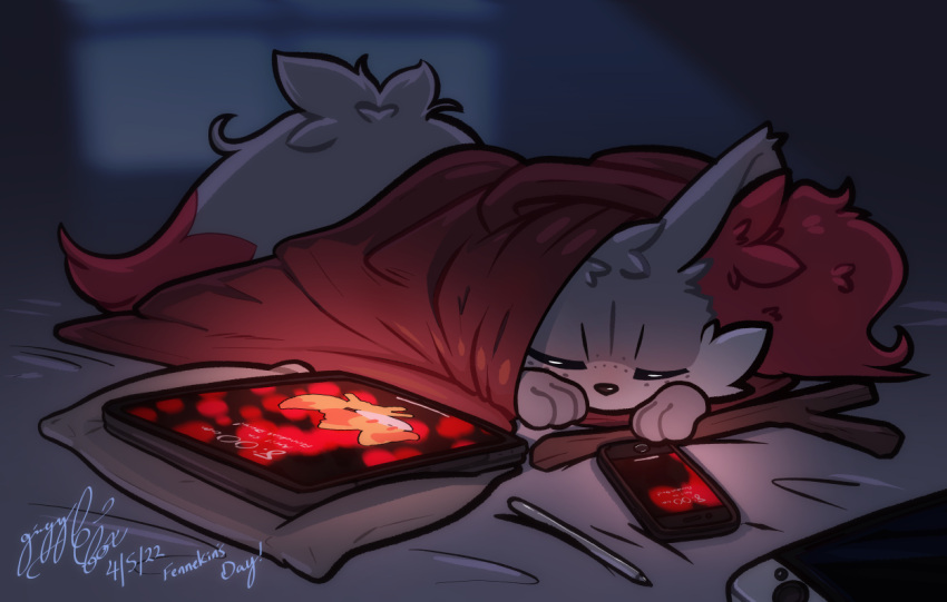 apple_inc. bedding blanket fennekin freckles gingy_(gingy_k_fox) gingy_k_fox ipad nintendo nintendo_switch phone pillow pok&eacute;mon pok&eacute;mon_(species) shiny_pok&eacute;mon sleeping stick video_games