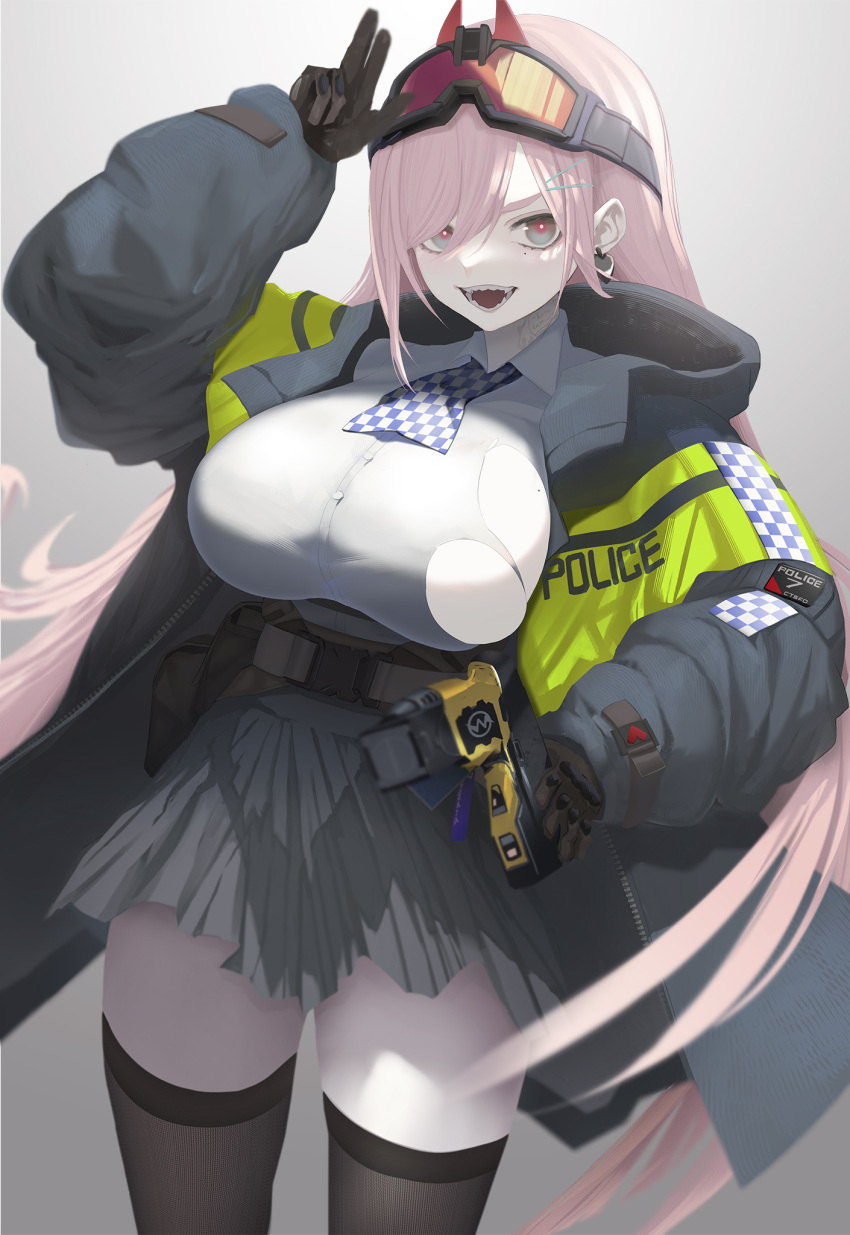 1girl bangs belt black_belt black_gloves black_legwear blush breasts commission earrings eigo_ichii eyebrows_visible_through_hair eyewear_on_head feet_out_of_frame girls'_frontline gloves grey_background grey_skirt gun hair_ornament hairclip handgun heart heart_earrings highres holding holding_gun holding_weapon horns jacket jewelry large_breasts long_hair looking_at_viewer mole mole_under_eye multicolored_eyes open_clothes open_jacket open_mouth pink_hair pistol police police_uniform policewoman safety_glasses shirt sig_mcx_(girls'_frontline) skeb_commission skirt smile solo standing teeth thighhighs uniform v weapon white_shirt