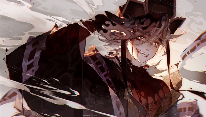 artist_name bangs black_hair black_headwear bleeding blonde_hair blood blood_from_eyes blood_from_mouth commentary_request douma_(kimetsu_no_yaiba) finger_to_face fingernails grey_background grin hat japanese_clothes kawacy kimetsu_no_yaiba long_fingernails long_sleeves looking_afar male_focus multicolored_eyes multicolored_hair off_shoulder pointing pointing_at_self red_shirt ribbon_trim sharp_fingernails shirt short_hair skin_tight smile smoke solo text_in_eyes two-tone_hair undershirt wide_sleeves