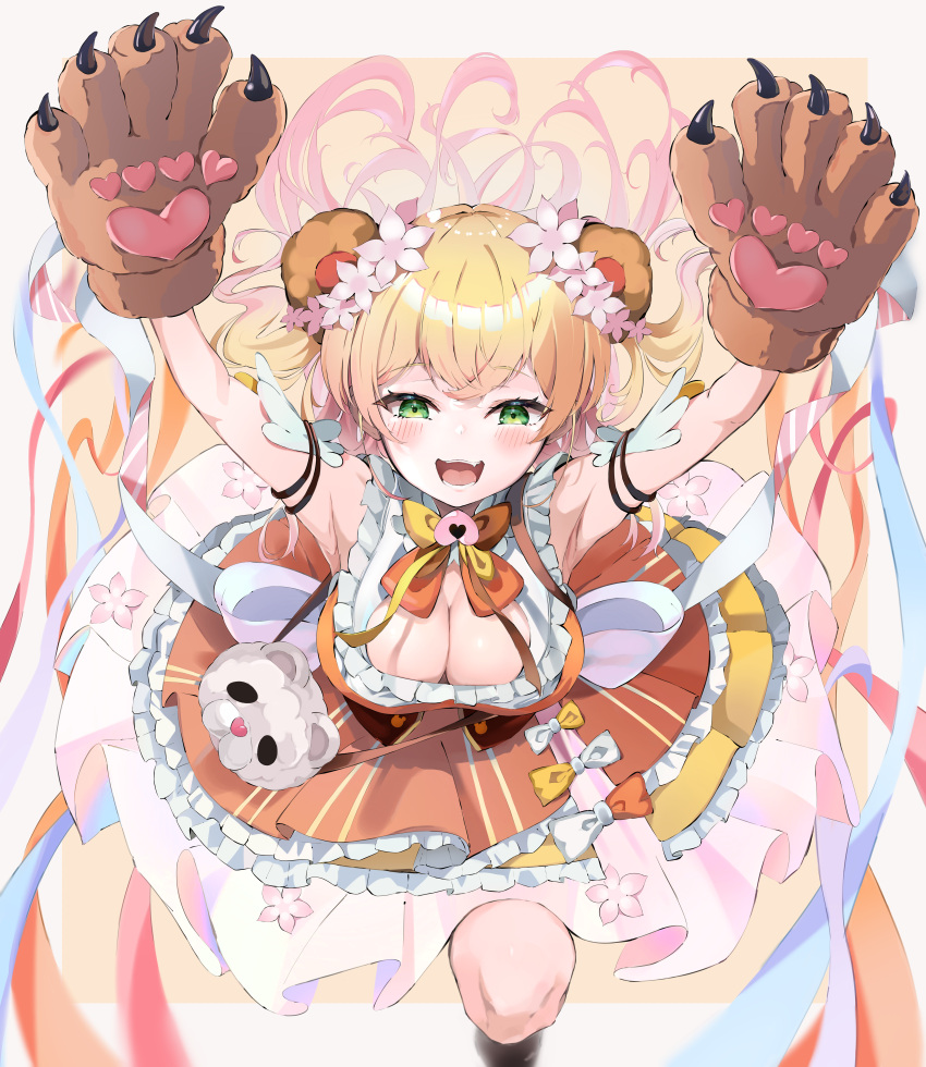 1girl :d absurdres animal_bag animal_ears animal_hands arm_garter arm_up bag bear_bag bear_ears bear_paws bell blonde_hair blush bow bowtie breasts cleavage cleavage_cutout clothing_cutout dress_flower flower frilled_shirt frilled_skirt frills gloves gradient_hair green_eyes hair_flower hair_ornament handbag highres hololive jingle_bell large_breasts layered_skirt long_hair looking_at_viewer momosuzu_nene multicolored_bowtie multicolored_hair neck_bell open_mouth orange_shirt orange_skirt paw_gloves peach_ornament pink_hair shirt skirt sleeveless sleeveless_shirt smile solo two_side_up virtual_youtuber yellow_skirt