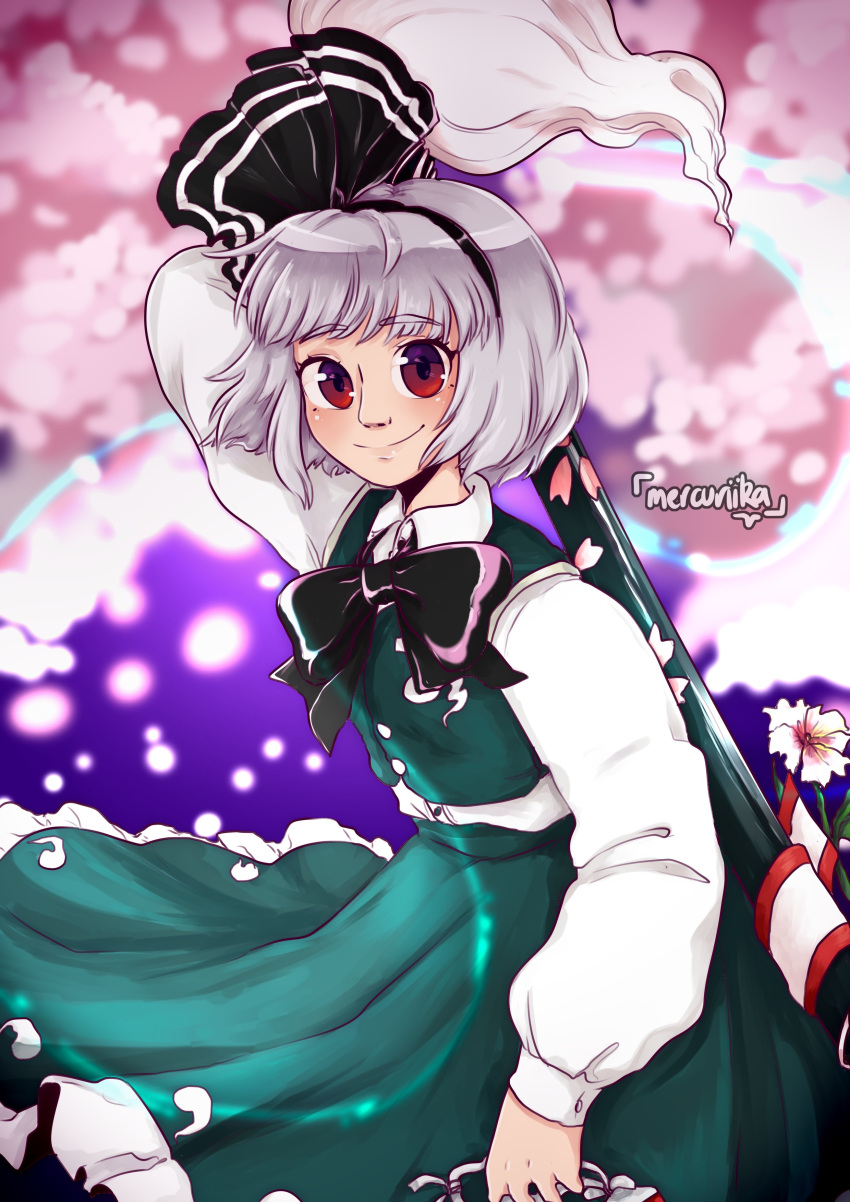 1girl absurdres black_bow black_bowtie black_hairband black_ribbon bob_cut bow bowtie breasts collared_shirt green_skirt green_vest hair_ribbon hairband highres hitodama_print holding katana konpaku_youmu konpaku_youmu_(ghost) mercuriika red_eyes ribbon sheath shirt short_hair short_sleeves silver_hair simple_background skirt skirt_set small_breasts solo sword touhou vest weapon white_background white_shirt