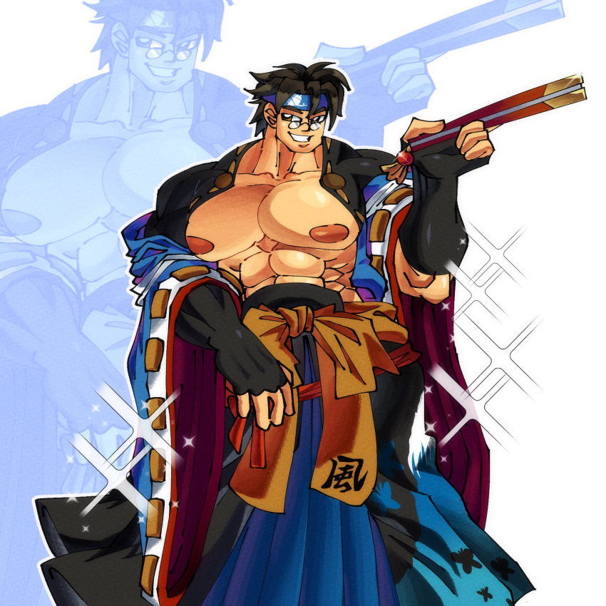 1boy areolae black_hair glasses grin guilty_gear guilty_gear_strive hand_fan highres holding holding_fan japanese_clothes large_areolae male_focus mito_anji muscular muscular_male open_clothes projected_inset smile so sparkle vibrant_n64