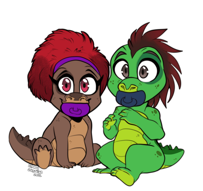 alligator alligatorid anthro baby conditional_dnp crocodilian duo ebonychimera female hair hi_res male pacifier red_hair reptile scalie smile young
