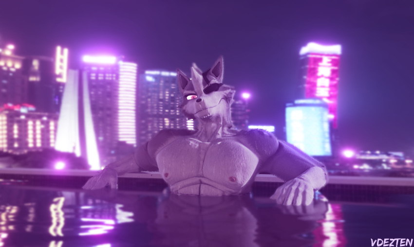 3d_(artwork) absurd_res anthro blender_(software) canid canine canis digital_media_(artwork) fur hi_res male mammal muscular muscular_male neon_lights nintendo pool_(disambiguation) solo star_fox vdezten video_games wet wet_body wet_fur wolf wolf_o'donnell