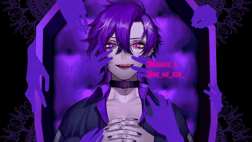 +_+ 1girl black_nails choker hair_ornament highres jewelry kamato_il original own_hands_together purple_eyes purple_theme ring sitting solo twitter_username upper_body