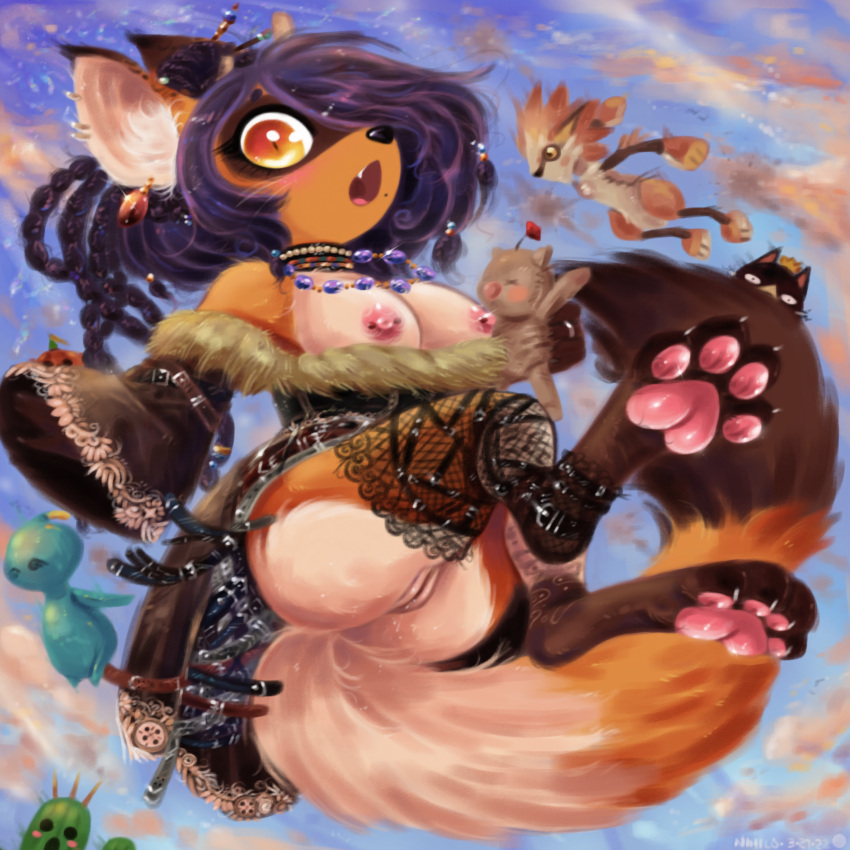 4_toes aardwolf anthro belt bottomless breasts butt choker clothed clothing cosplay dress ear_piercing ear_ring exposed_breasts feet female genitals hair hi_res hyaenid jewelry legwear mammal necklace nihilochannel nipple_piercing nipples partially_clothed pawpads paws piercing pink_nipples pink_pawpads purple_hair pussy rin_(nihilochannel) solo stockings toes
