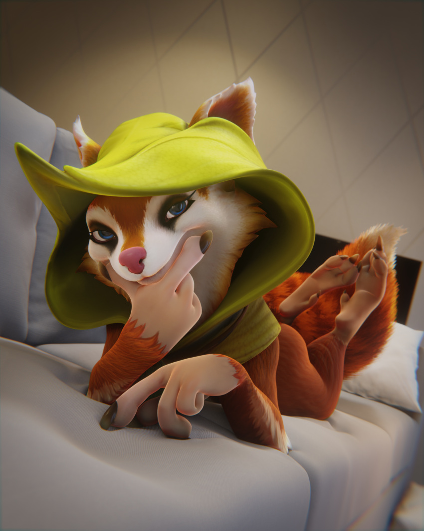 2022 3d_(artwork) 4:5 anthro bed blue_eyes butt cape claws clothing digital_media_(artwork) dota eyelashes feet female fur furniture hand_under_chin hat hat_only headgear headgear_only headwear headwear_only hi_res hoodwink_(dota) leaf looking_at_viewer lying mammal mostly_nude nails on_front orange_body orange_fur pillow rodent sciurid smile solo tail_tuft tree_squirrel tuft video_games vlad-lox