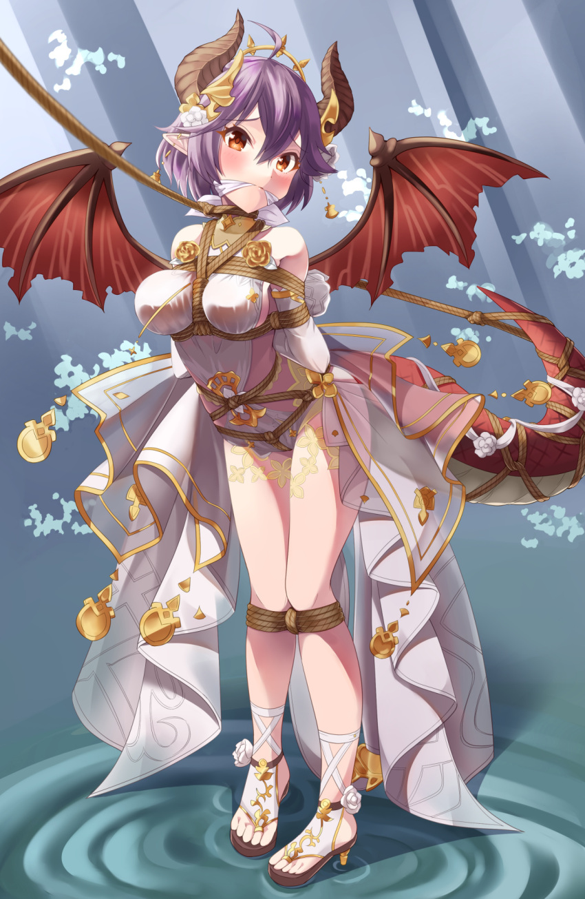 bare_legs bare_shoulders bdsm bondage bound breasts brown_wings dragon_girl dragon_horns dragon_tail dragon_wings dress full_body gag gold granblue_fantasy grea_(shingeki_no_bahamut) high_heels highres horns large_breasts leaning_forward looking_at_viewer mukanata pointy_ears purple_hair red_eyes restrained shingeki_no_bahamut short_hair showgirl_skirt sideboob sideless_outfit tail tied_breast tied_up_(nonsexual) toes wings