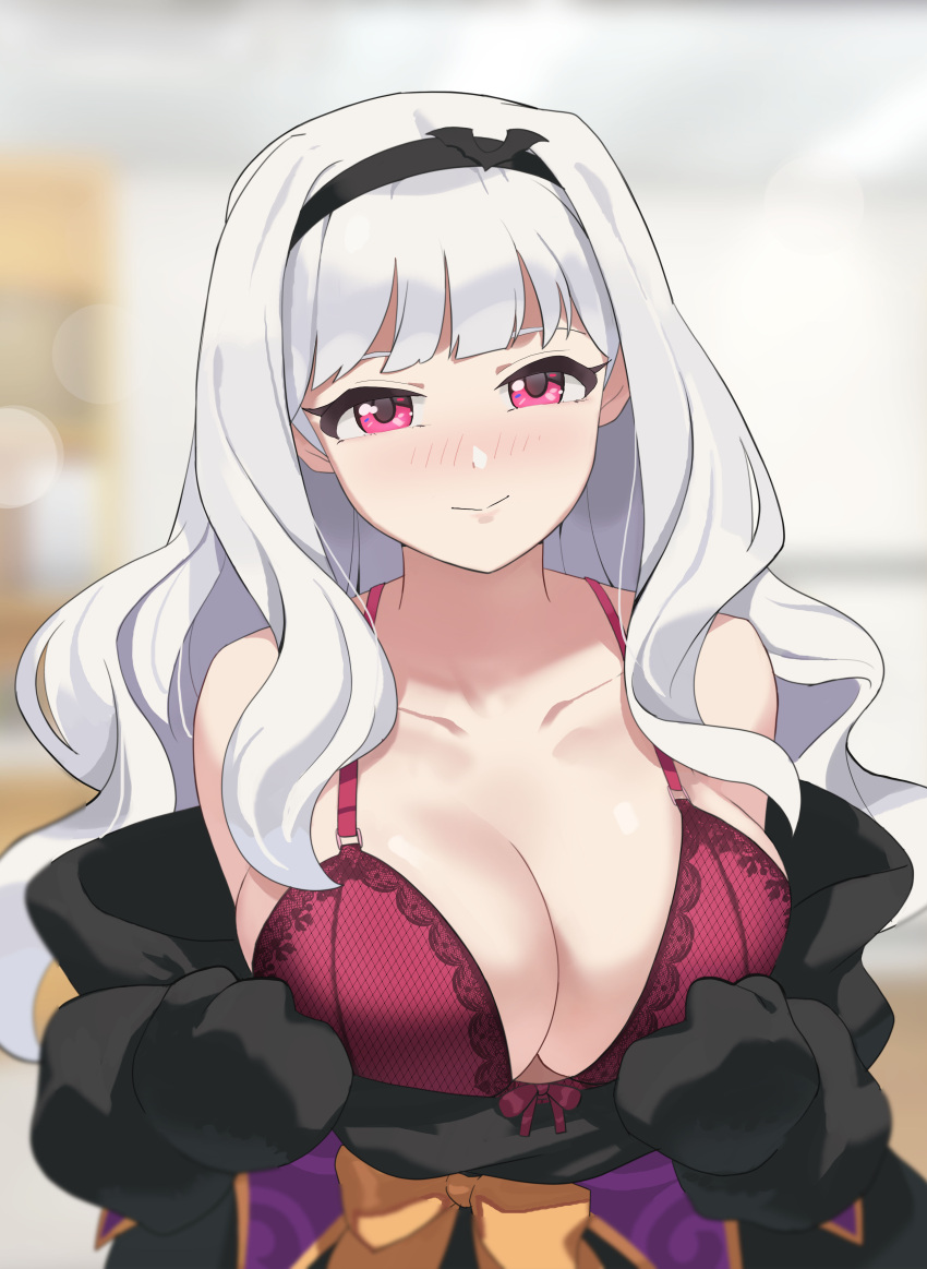 1girl absurdres bare_shoulders black_hairband blush bra breasts collarbone hairband highres idolmaster idolmaster_million_live! idolmaster_million_live!_theater_days large_breasts long_hair looking_at_viewer purple_bra purple_eyes shijou_takane silver_hair smile solo tomid underwear upper_body wavy_hair