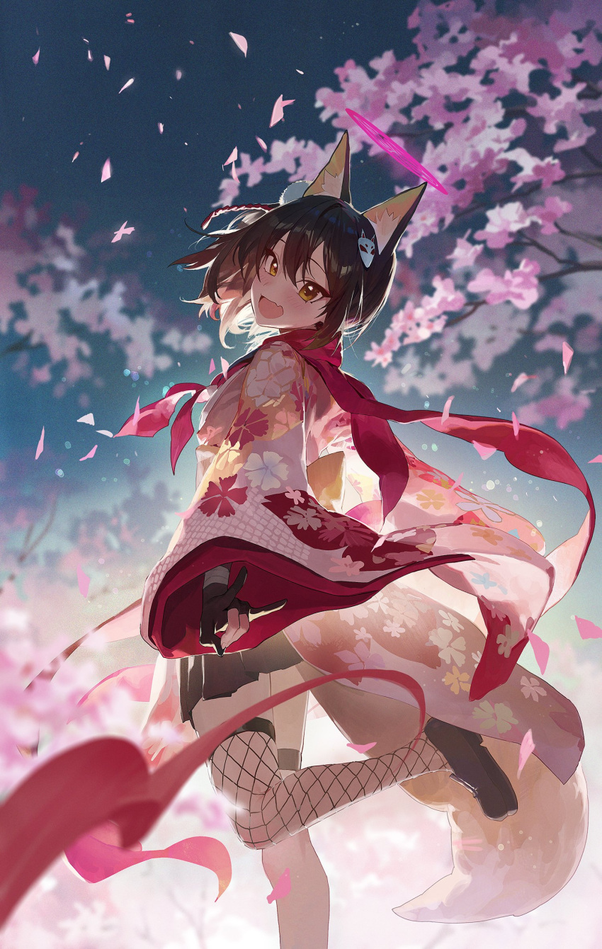 1girl \n/ animal_ears asymmetrical_legwear bangs blue_archive blush brown_eyes brown_hair cherry_blossoms fang foreshortening fox_ears fox_girl fox_mask fox_tail gloves hair_ornament halo highres izuna_(blue_archive) japanese_clothes kimono leg_up loafers looking_at_viewer mask miniskirt modare ninja open_mouth outdoors partially_fingerless_gloves scarf shoes short_hair single_fishnet_legwear single_thighhigh skirt smile solo tail thigh_strap thighhighs underlighting