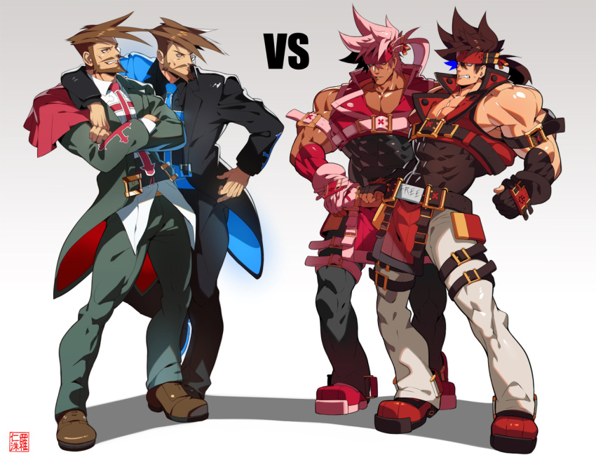 4boys abs alternate_costume armband artist_logo artist_name bara beard belt biceps brown_hair capelet chest_belt clenched_hands collared_jacket collared_shirt cross crossed_arms facial_hair fang gauntlets gloves guilty_gear guilty_gear_xrd hand_on_another's_shoulder hand_on_hip headband jacket large_pectorals leg_belt loincloth long_hair looking_at_another male_focus monocle multiple_boys muscular muscular_male mustache na_insoo necktie open_clothes open_jacket pants pectoral_cleavage pectorals pink_hair ponytail shirt shoes slayer_(guilty_gear) smirk sol_badguy spiked_hair sweat sweatdrop tan thick_arms thick_thighs thighs tight vampire vs