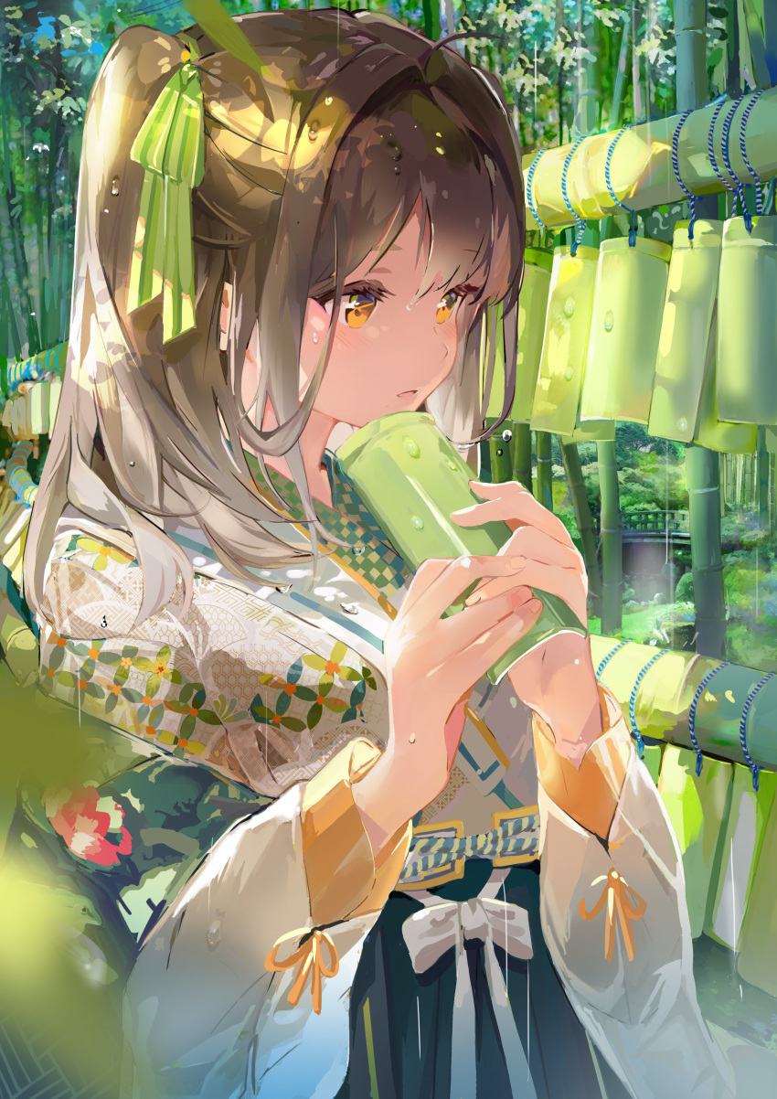 1girl absurdres ahoge bamboo bamboo_shoot bangs brown_eyes brown_hair highres japanese_clothes kimono long_hair multicolored_clothes multicolored_kimono open_mouth outdoors raincsh sidelocks