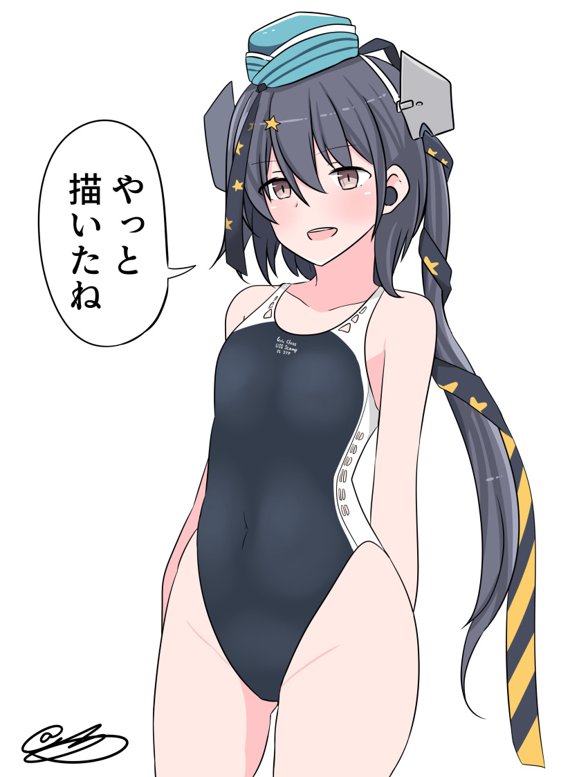 1girl absurdres aqua_headwear black_ribbon black_swimsuit clothes_writing commentary_request competition_swimsuit fang garrison_cap grey_eyes grey_hair hair_ornament hair_ribbon hat highleg highleg_swimsuit highres kantai_collection long_hair noruren one-piece_swimsuit ribbon scamp_(kancolle) side_ponytail simple_background smile solo standing star_(symbol) star_hair_ornament swimsuit translation_request white_background
