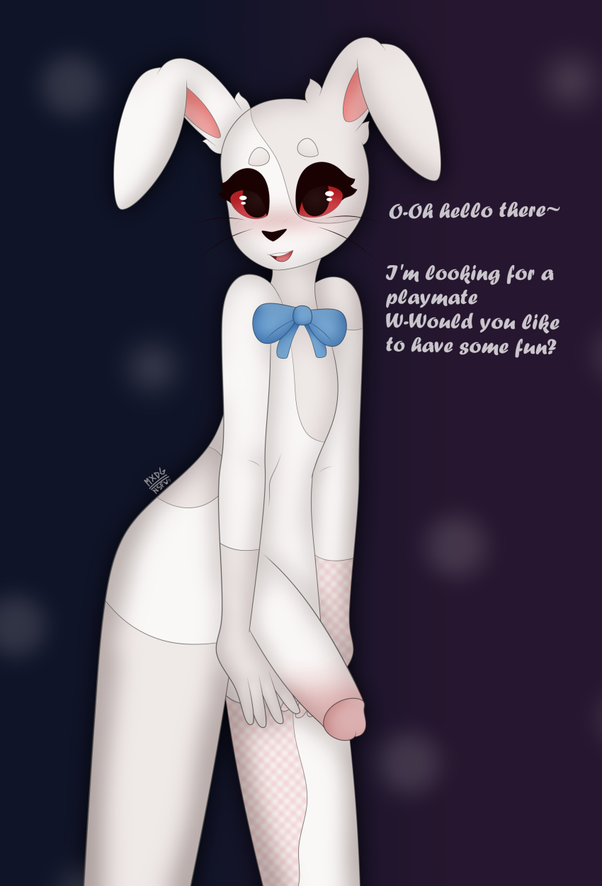 absurd_res anthro balls big_penis blush blush_lines bow_tie five_nights_at_freddy's fur genitals girly half-erect hi_res lagomorph leporid looking_at_viewer male mammal max_draws nude open_mouth patreon penis rabbit red_eyes scottgames solo standing text vanny_(fnaf) video_games white_body white_fur