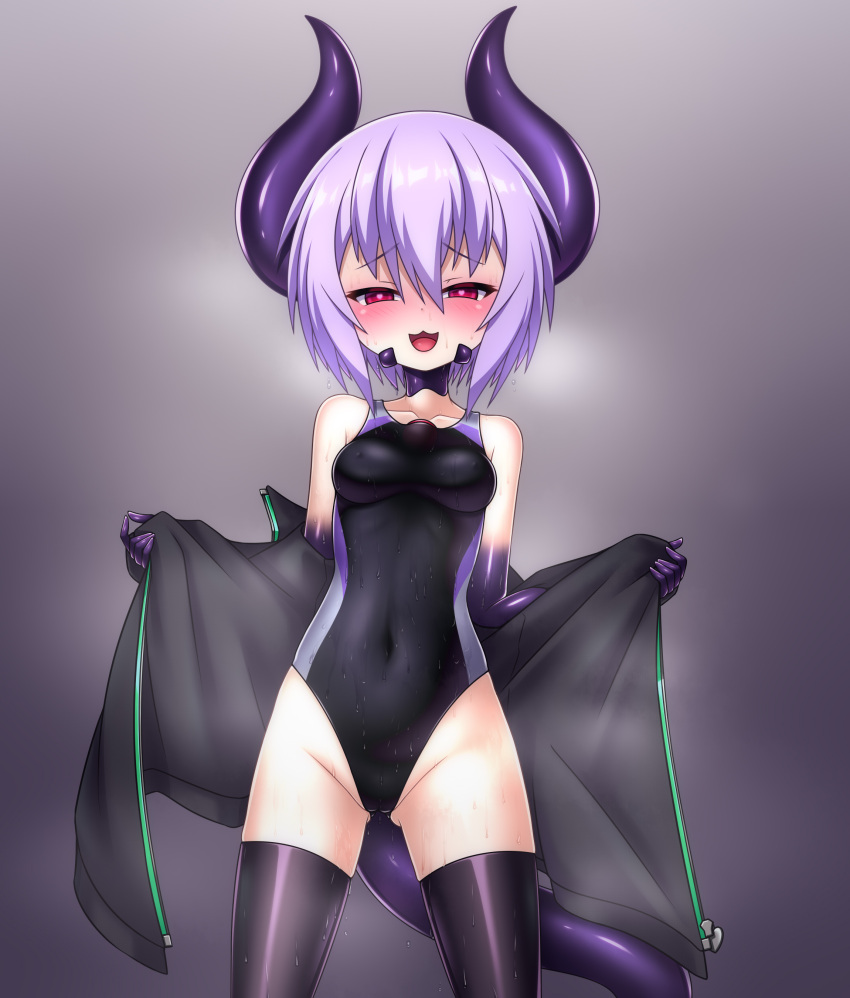 1girl :3 absurdres ass_visible_through_thighs black_swimsuit blush breasts cameltoe competition_swimsuit covered_navel covered_nipples demon_girl demon_horns demon_tail entenca heart heart-shaped_pupils highleg highleg_swimsuit highres horns looking_at_viewer medium_breasts multicolored_clothes multicolored_swimsuit naughty_face one-piece_swimsuit open_mouth original purple_hair red_eyes shiny shiny_clothes sweat swimsuit symbol-shaped_pupils tail thighhighs thighs vapors