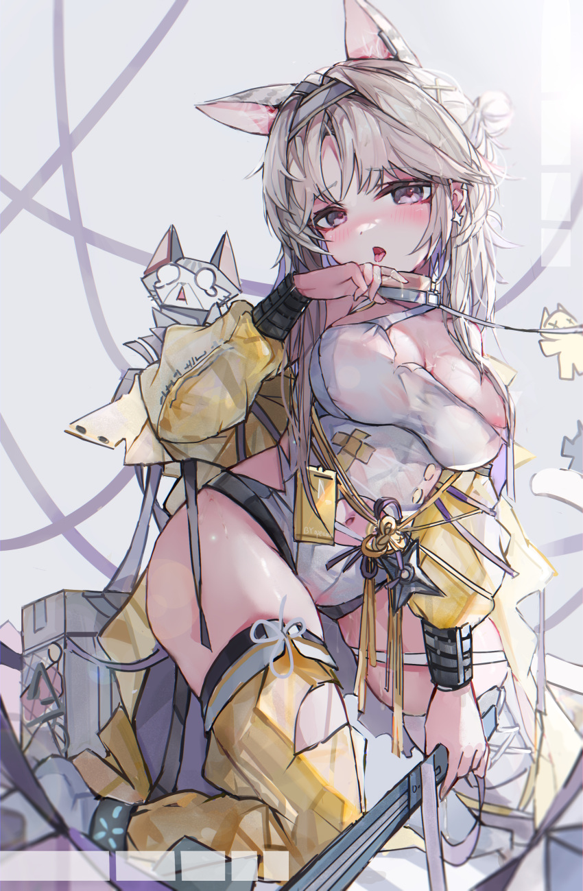 1girl absurdres animal_ears areolae arknights bangs blush breasts character_request cleavage eyebrows_visible_through_hair grey_background grey_eyes grey_hair hair_bun half-closed_eyes hand_up highres holding jacket kneeling leotard long_sleeves medium_breasts open_clothes open_jacket oreshki parted_bangs parted_lips puffy_long_sleeves puffy_sleeves saliva solo tongue tongue_out torn_clothes torn_legwear white_leotard yellow_jacket yellow_legwear