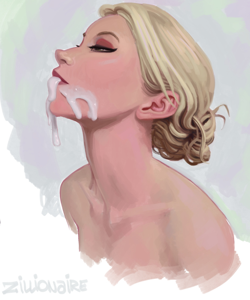 blonde_hair cum cum_in_mouth cumdrip elsa_(frozen) eyeshadow facial frozen_(disney) highres makeup zillionaire