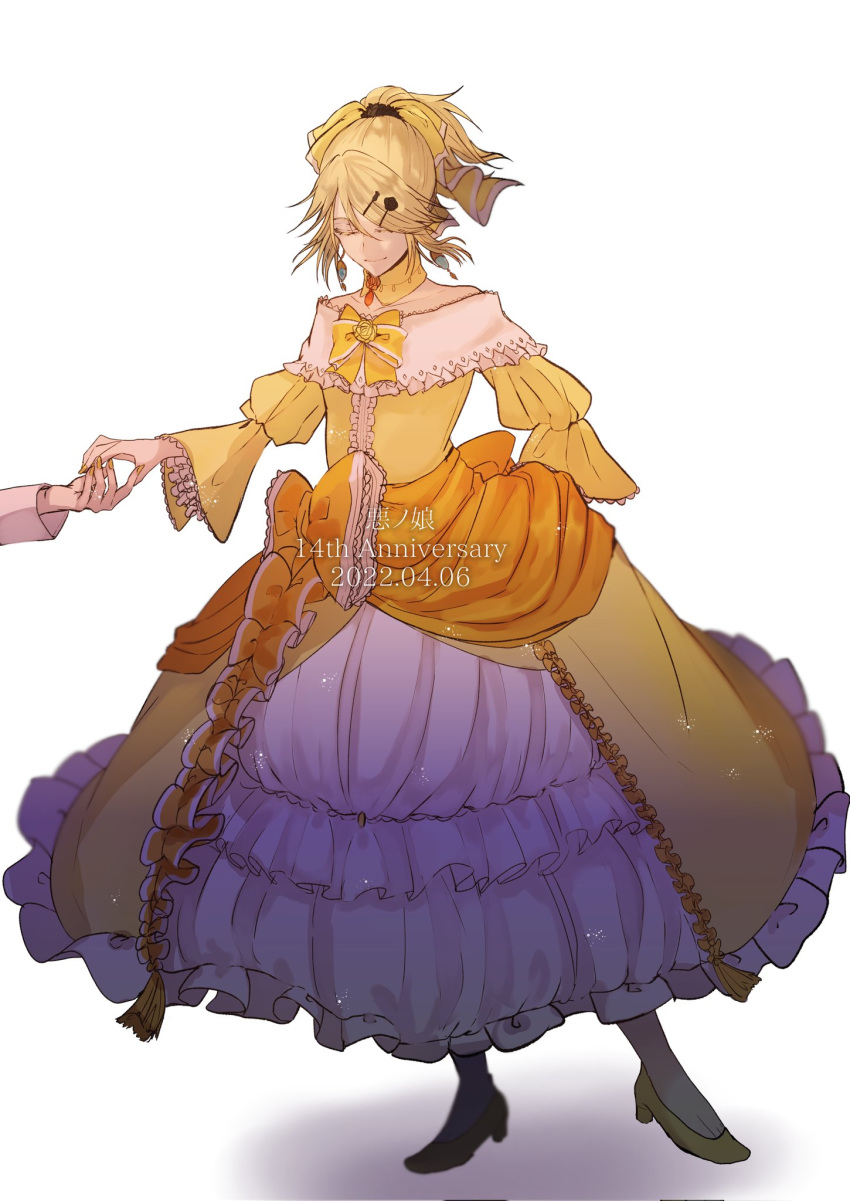 1girl aku_no_musume_(vocaloid) anniversary arm_behind_back bangs blonde_hair bow choker closed_eyes closed_mouth collarbone dress dress_bow dress_flower earrings evillious_nendaiki flower frilled_dress frilled_sleeves frills hair_bow hair_ornament hairclip highres jewelry kagamine_rin petticoat riliane_lucifen_d'autriche rose sidelocks smile solo_focus song_name swept_bangs updo vocaloid warabi_(danngo-mitarasi) wide_sleeves yellow_bow yellow_dress yellow_eyes yellow_footwear