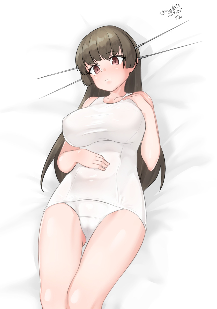 1girl absurdres black_hair breasts choukai_(kancolle) cowboy_shot dated headgear highres kantai_collection large_breasts long_hair looking_at_viewer lying maru_(marg0613) no_eyewear one-hour_drawing_challenge red_eyes rimless_eyewear school_swimsuit solo swimsuit twitter_username white_swimsuit