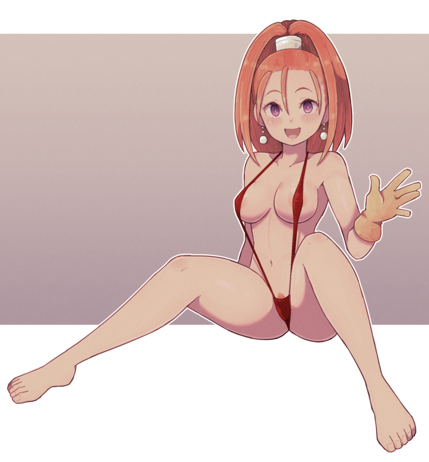 1girl :d areola_slip areolae barefoot breasts brown_background character_request dragon_quest earrings full_body gloves highres jewelry lamb-oic029 looking_at_viewer medium_breasts orange_hair purple_eyes red_swimsuit short_hair sitting slingshot_swimsuit smile solo swimsuit toes two-tone_background white_background yellow_gloves