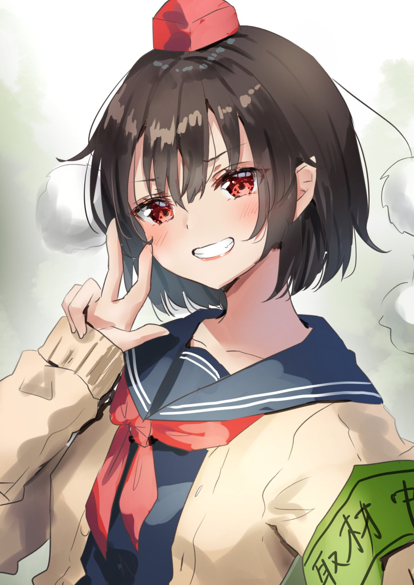 1girl bangs black_hair blush eyebrows_visible_through_hair grin hand_up hat highres looking_at_viewer neckerchief pointy_ears pom_pom_(clothes) red_eyes school_uniform shameimaru_aya shironeko_yuuki shirt short_hair smile solo tassel tokin_hat touhou upper_body white_shirt