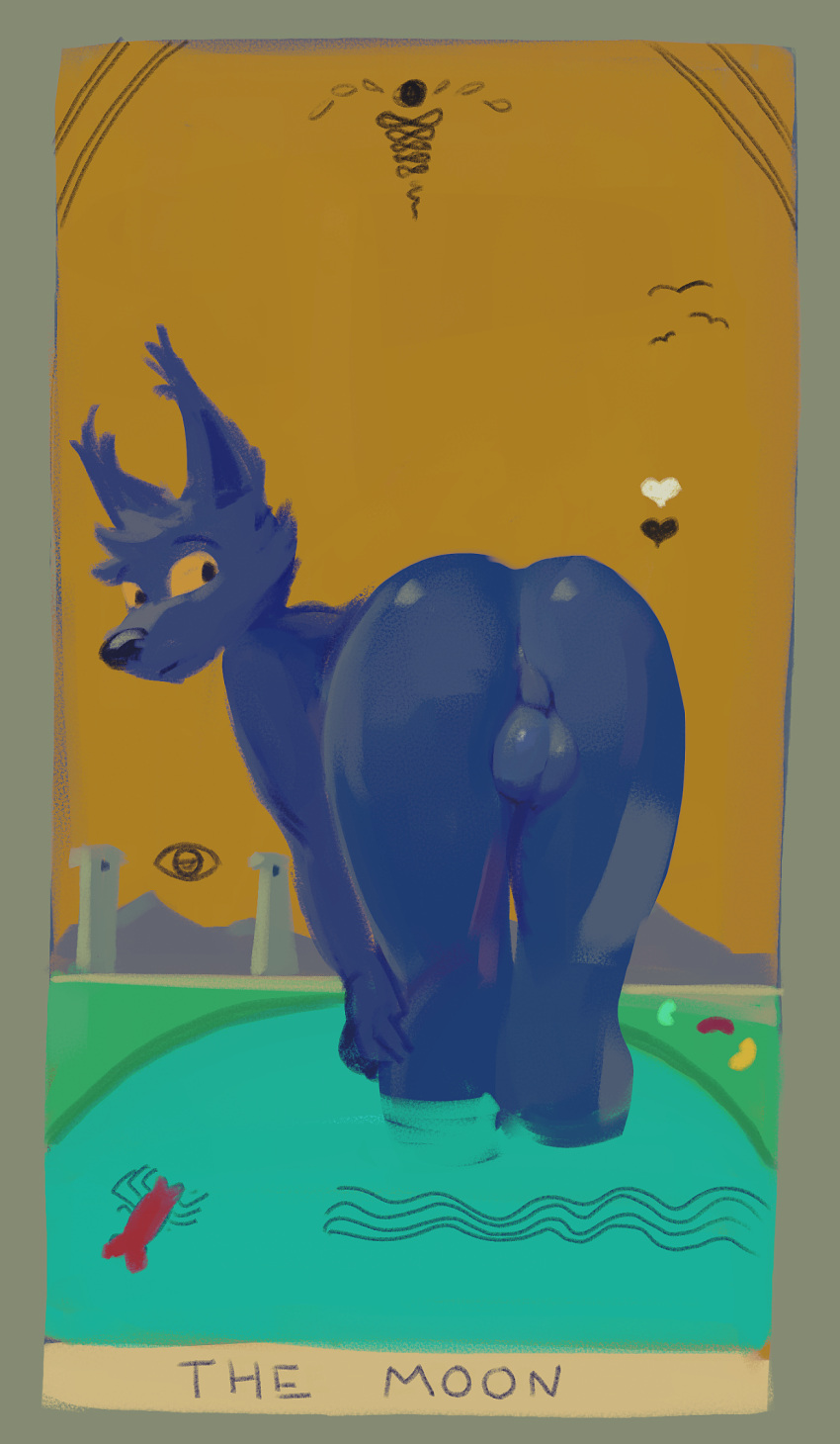 &lt;3 anthro balls bent_over biped black_nose blue_balls blue_body blue_ears blue_fur blue_hair blue_perineum butt cheek_tuft ear_tuft facial_tuft fur genitals glistening glistening_balls glistening_genitalia glistening_nose group hair hi_res male oselotti perineum presenting presenting_balls presenting_hindquarters rear_view short_hair simple_eyes solo_focus standing tuft