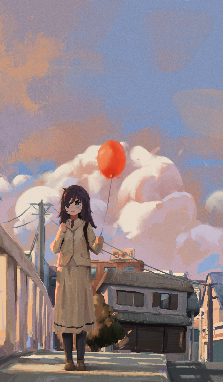 1girl :3 absurdres backpack bag balloon bangs beige_jacket beige_skirt black_hair black_legwear brown_footwear building closed_mouth cloud cloudy_sky collared_shirt cowltori dusk full_body green_eyes hair_over_one_eye hands_up highres holding holding_balloon holding_strap kuroki_tomoko long_hair long_sleeves looking_up necktie one_eye_covered outdoors pantyhose power_lines red_necktie shirt sidewalk single_horizontal_stripe sky solo standing swept_bangs tree utility_pole watashi_ga_motenai_no_wa_dou_kangaetemo_omaera_ga_warui! white_shirt