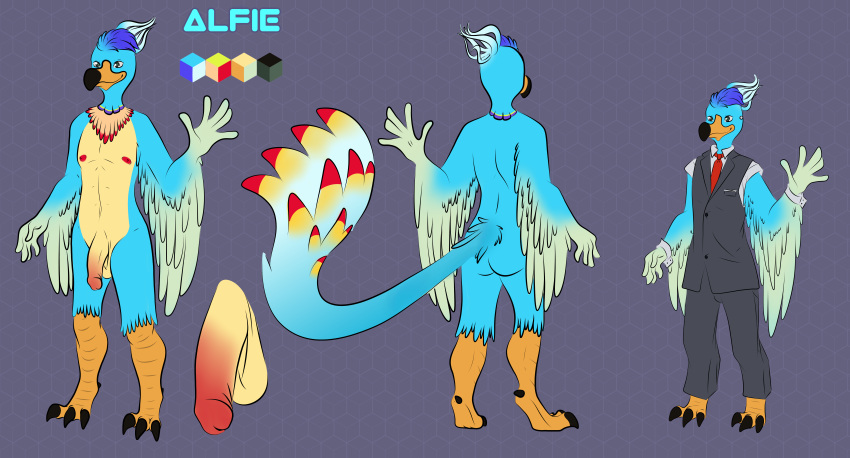 absurd_res alfie_(magpie) anthro avian big_penis bird blitz_games corvid feather_hair feathers flaccid genitals hi_res hirothedragon infogrames magpie_(corvid) male model_sheet necktie nipples nude oscine passerine penis pseudo_hair solo suit_jacket suit_pants zapper:_one_wicked_cricket