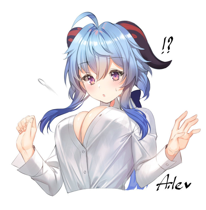 !? 1girl ahoge aile_(crossroads) artist_name bangs blue_hair blush breasts bursting_breasts buttons chestnut_mouth cleavage eyebrows_visible_through_hair ganyu_(genshin_impact) genshin_impact hands_up highres horns large_breasts long_hair long_sleeves open_clothes open_mouth open_shirt popped_button purple_eyes shirt sidelocks skindentation solo sweatdrop undersized_clothes unfinished wardrobe_malfunction white_background white_shirt