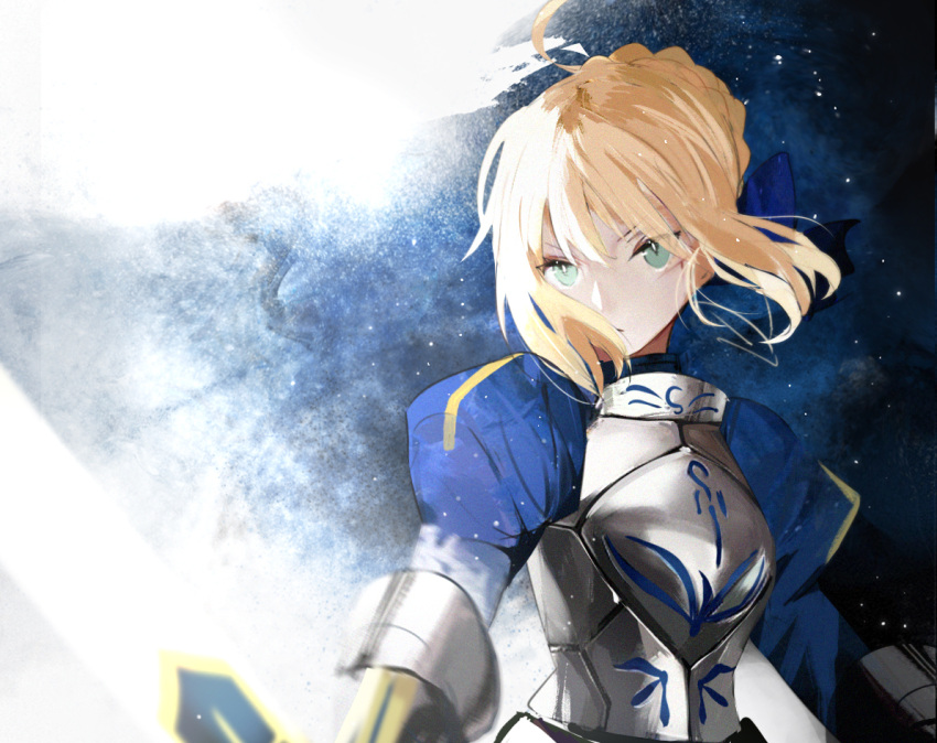 1girl ahoge armor artoria_pendragon_(fate) blonde_hair blue_bow bow braid breastplate excalibur_(fate/stay_night) fate/stay_night fate_(series) french_braid gauntlets green_eyes hair_bow juliet_sleeves long_sleeves meow_(cindy738) puffy_sleeves solo upper_body