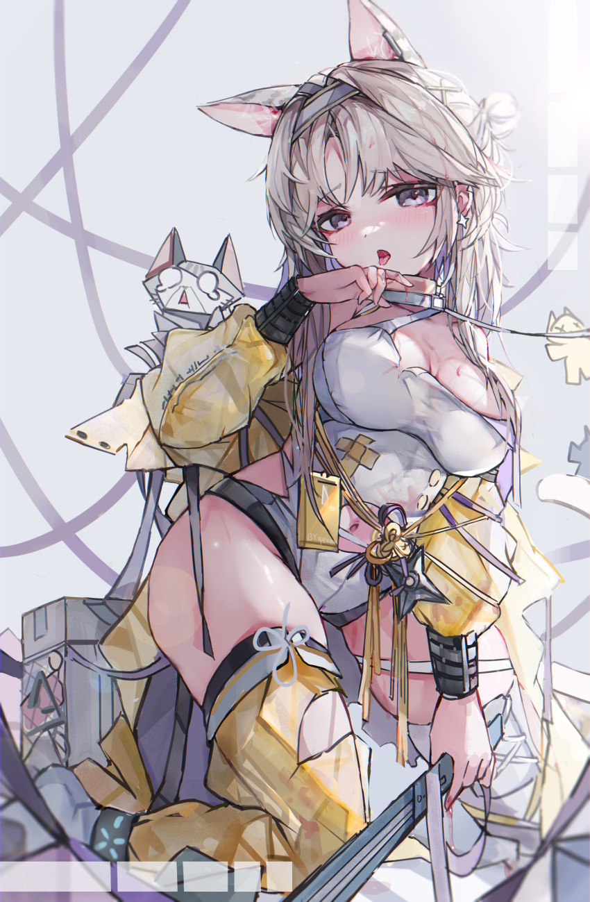 1girl absurdres animal_ears arknights bangs blush breasts character_request cleavage commentary_request eyebrows_visible_through_hair grey_background grey_eyes grey_hair hair_bun half-closed_eyes hand_up highres holding jacket kneeling leotard long_sleeves medium_breasts open_clothes open_jacket oreshki parted_bangs parted_lips puffy_long_sleeves puffy_sleeves saliva solo tongue tongue_out torn_clothes torn_legwear white_leotard yellow_jacket yellow_legwear