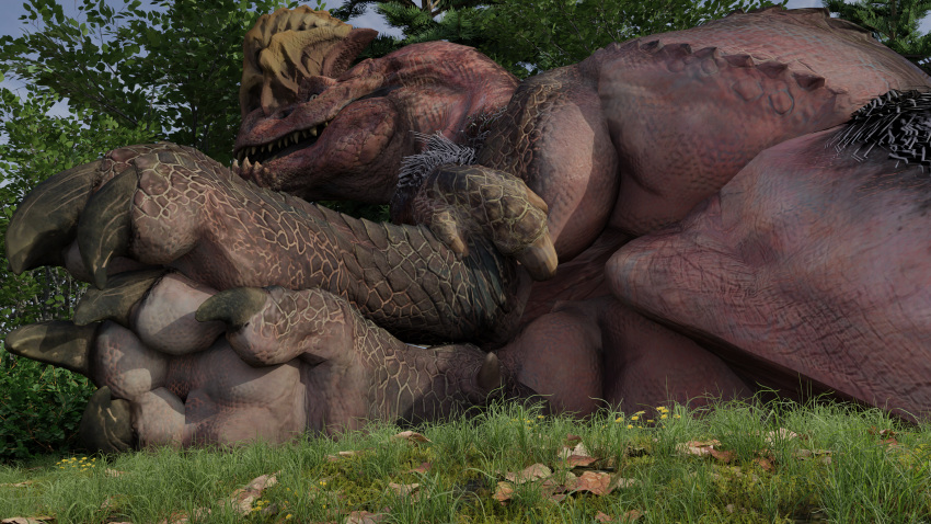 3d_(artwork) ambiguous_gender anjanath barlu big_butt brute_wyvern butt capcom claws detailed_background digital_media_(artwork) dinosaur feral foot_fetish fur grass hair hi_res looking_at_viewer looking_back looking_back_at_viewer lying monster_hunter on_side open_mouth plant presenting presenting_hindquarters pubic_boot red_body red_scales reptile scales scalie seductive sharp_teeth solo source_filmmaker teeth thick_thighs toe_claws video_games widescreen