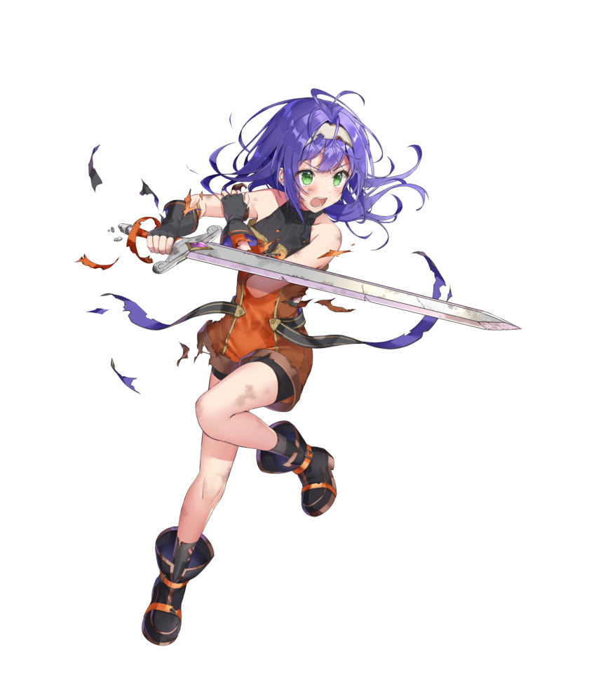 bangs bare_shoulders blue_hair child fingerless_gloves fire_emblem fire_emblem:_path_of_radiance fire_emblem_heroes flat_chest full_body gloves green_eyes hairband highres long_hair mia_(fire_emblem) non-web_source official_art overalls shiny shiny_hair shiori_(xxxsi) sleeveless sword transparent_background turtleneck weapon