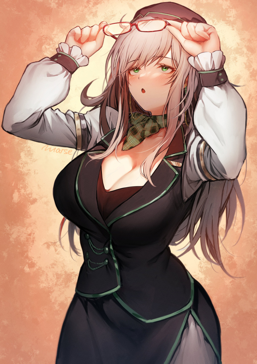 1girl absurdres bangs blush breasts cleavage copyright_request eyebrows_visible_through_hair glasses green_eyes highres large_breasts long_hair long_sleeves marse_(rokudaime) open_mouth red-framed_eyewear signature solo tagme