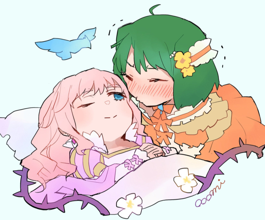 2girls bed bird blue_eyes blush choker closed_eyes cosplay dress earrings flower green_hair hair_flower hair_ornament highres jewelry kiss long_hair macross macross_frontier multiple_girls one_eye_closed ooomi orange_dress pink_dress pink_hair ranka_lee ribbon_choker sheryl_nome sleeping_beauty sleeping_beauty_(character) sleeping_beauty_(character)_(cosplay)