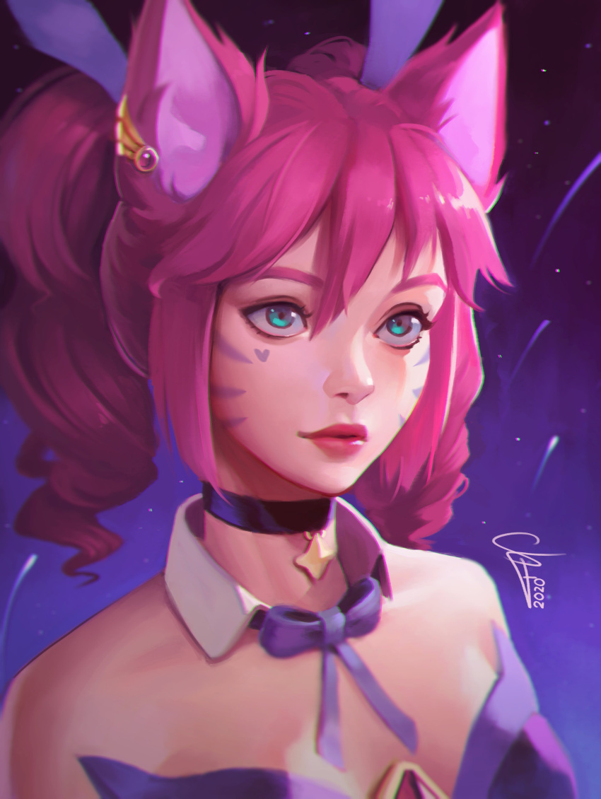 1girl absurdres ahri_(league_of_legends) alternate_costume alternate_hair_color alternate_hairstyle animal_ears banana_(bananapie) bangs bare_shoulders bow bowtie breasts choker cleavage commentary dated detached_collar drill_hair ear_piercing expressionless facial_mark fake_animal_ears fox_ears hair_between_eyes heart highres league_of_legends long_hair looking_at_viewer medium_breasts night night_sky piercing pink_eyes pink_hair playboy_bunny rabbit_ears rabbit_tail shooting_star sidelocks signature sky solo star_(sky) star_guardian_(league_of_legends) star_guardian_ahri starry_background starry_sky tail twin_drills vastaya whisker_markings