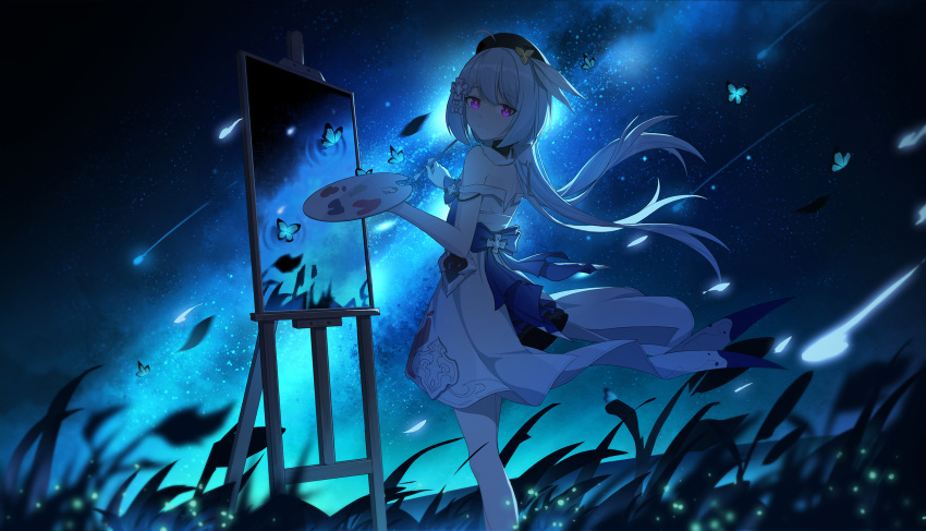 1girl bangs bare_shoulders beret blue_butterfly blue_hair blue_headwear blue_sky bug butterfly closed_mouth dress grass griseo hair_ornament hat highres holding holding_brush holding_palette honkai_(series) honkai_impact_3rd long_hair night night_sky off-shoulder_dress off_shoulder painting_(object) palette_(object) purple_eyes sky solo sye- white_dress