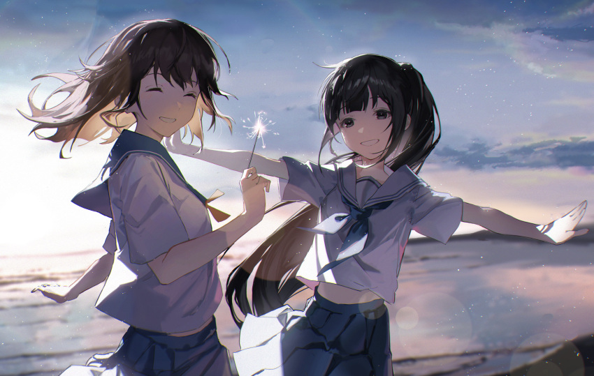 2girls absurdres airplane_arms bangs beach black_eyes black_hair blue_neckerchief blue_sailor_collar blue_skirt closed_eyes fireworks grin highres holding_fireworks karasuro long_hair looking_at_viewer midriff_peek multiple_girls neckerchief ocean original outstretched_arms ponytail sailor_collar school_uniform serafuku shirt short_sleeves skirt sky smile sparkler spread_arms white_sailor_collar white_shirt yellow_neckerchief