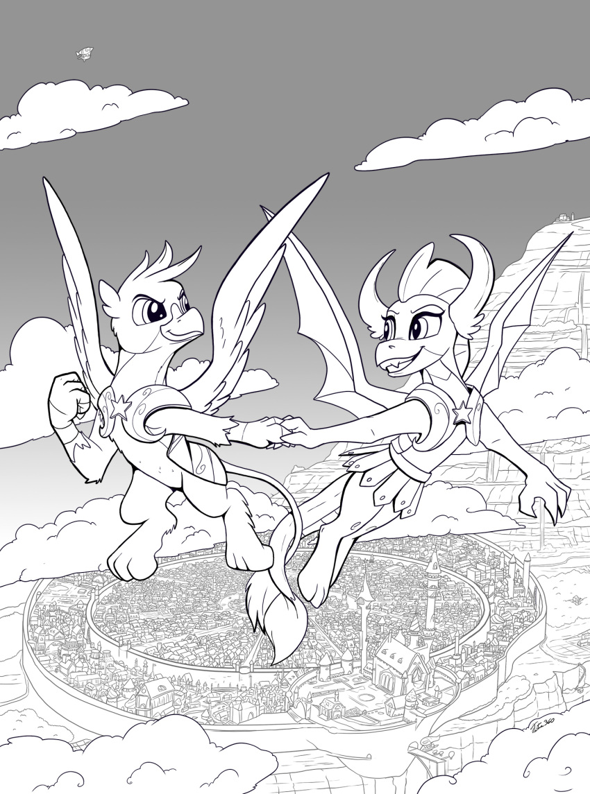 armor avian city dragon feathered_wings feathers flying friendship_is_magic gallus_(mlp) gryphon hand_holding hi_res horn membrane_(anatomy) membranous_wings monochrome my_little_pony mythological_avian mythology smolder_(mlp) tsitra360 wings