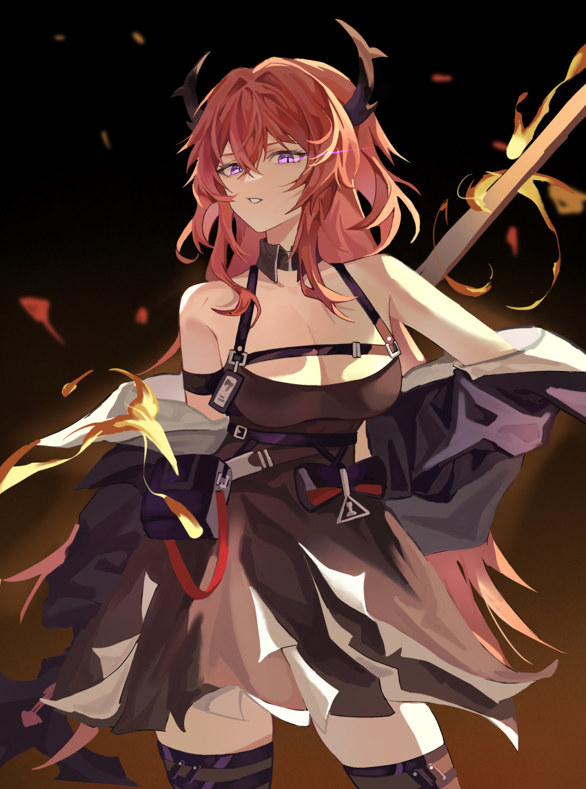 1girl absurdres arknights bare_shoulders black_background black_dress black_jacket black_legwear breasts cleavage collarbone commentary_request contrapposto cowboy_shot detached_collar dress flaming_sword flaming_weapon gradient gradient_background highres holding holding_sword holding_weapon horns jacket large_breasts long_hair looking_at_viewer off_shoulder open_clothes open_jacket orange_background parted_lips purple_eyes red_hair shiba257 sleeveless sleeveless_dress solo surtr_(arknights) sword thighhighs very_long_hair weapon zettai_ryouiki