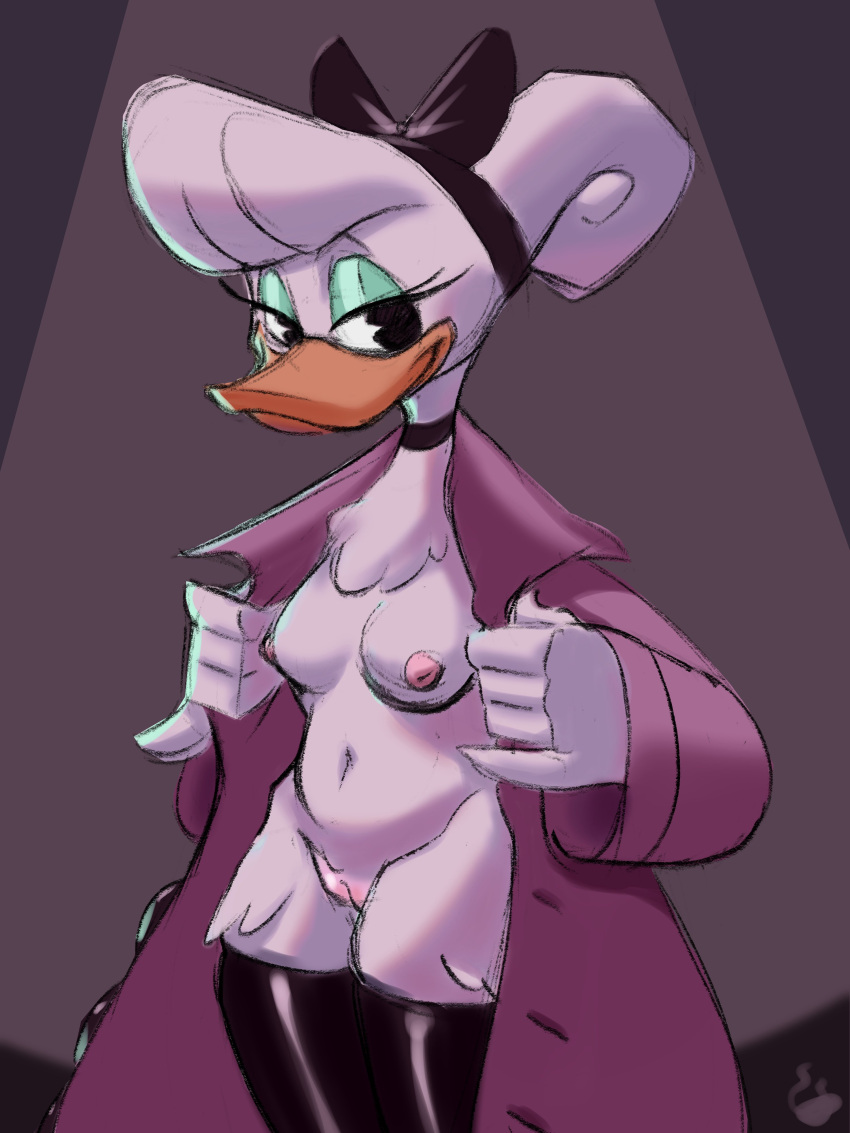 2022 absurd_res accessory anatid anseriform anthro avian beak bedroom_eyes bird breasts clothed clothing coat colored_sketch daisy_duck digital_media_(artwork) disney duck ducktales ducktales_(2017) feathers female genitals hair_accessory hair_bow hair_ribbon hi_res legwear looking_at_viewer narrowed_eyes nipples non-mammal_breasts non-mammal_nipples open_clothing open_coat open_topwear partially_clothed portrait pussy ribbons seductive sketch smile solo teabro thigh_highs three-quarter_portrait topwear undressing white_body white_feathers