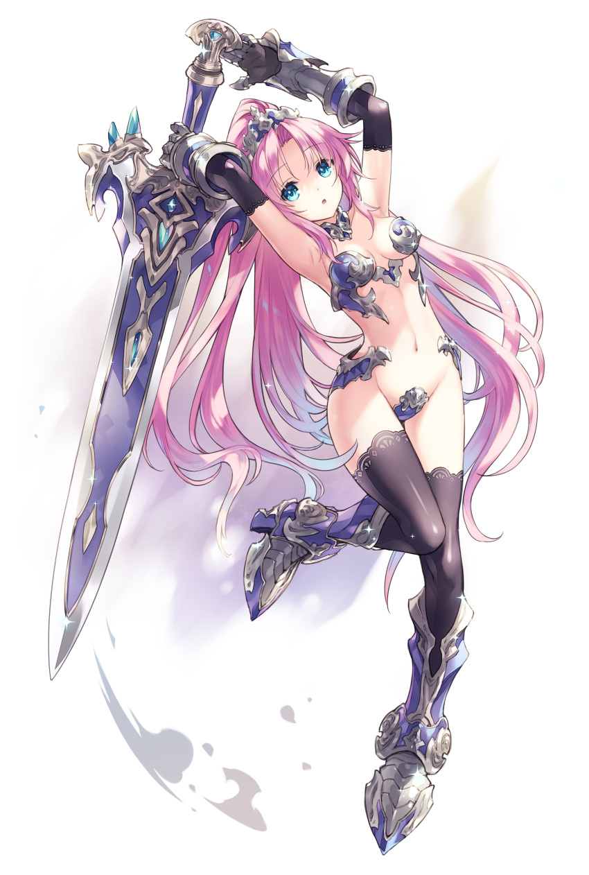 1girl absurdres armor armored_boots armpits arms_up bikini bikini_armor black_gloves black_legwear blue_eyes boots breasts choker crotch_plate elbow_gloves fighting_stance full_body gauntlets gem gloves groin highres hirano_katsuyuki huge_weapon knee_boots leg_lift leg_up legs long_hair micro_bikini navel open_mouth original pink_hair ponytail simple_background solo standing standing_on_one_leg swimsuit sword thigh_gap thighhighs thighs very_long_hair weapon white_background