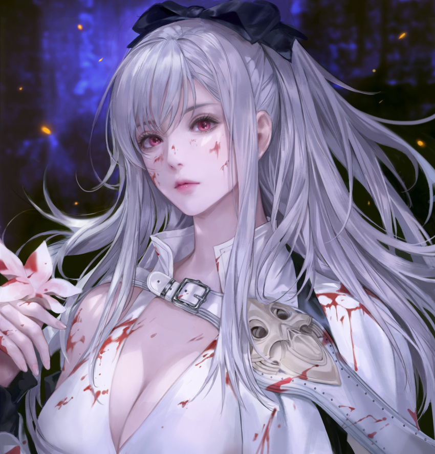 1girl bangs blood blood_on_clothes blood_on_face breasts buckle cleavage drag-on_dragoon drag-on_dragoon_3 flower hand_up highres long_hair looking_at_viewer mandaring0 medium_breasts red_eyes silver_hair solo upper_body zero_(drag-on_dragoon)