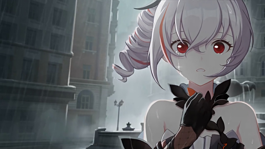 1girl bangs bare_shoulders black_dress black_gloves bronya_zaychik bronya_zaychik_(black_nucleus) city close-up crying crying_with_eyes_open dress drill_hair elbow_gloves gloves grey_hair grey_sky hair_ornament highres honkai_(series) honkai_impact_3rd liumang_tu_shua_p_zhan looking_at_viewer open_mouth outdoors rain red_eyes sleeveless sleeveless_dress solo tears wet