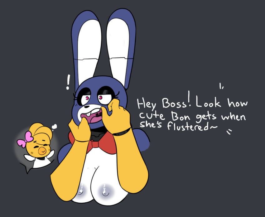 &lt;3 accessory animatronic anthro avian bib bird bonnie_(fnaf) bow_tie breasts buckteeth chica_(fnaf) chicken duo embarrassed exclamation_point eyelashes female five_nights_at_freddy's flustered forced_open_mouth galliform gallus_(genus) hair_accessory hair_bow hair_ribbon hands_in_mouth head_feathers hi_res lagomorph leporid machine mammal nipples open_mouth phasianid pink_bow purple_body rabbit red_bow_tie red_eyes ribbons robot scottgames shocked shocked_expression simple_background speech_bubble teeth text tongue video_games white_body yellow_body zhenai