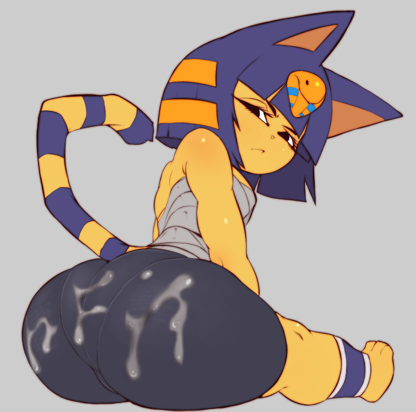 2022 :< animal_crossing ankha_(animal_crossing) anthro big_butt black_eyes blue_hair bodily_fluids bottomwear butt chest_wraps clothed clothing cum cum_on_butt cum_on_clothing digital_media_(artwork) domestic_cat egyptian felid feline felis female full-length_portrait genital_fluids grey_background hair hi_res looking_at_viewer looking_back looking_back_at_viewer lurkin mammal markings nintendo portrait raised_tail rear_view shaded shorts simple_background sitting solo spandex spandex_shorts striped_markings striped_tail stripes tail tail_markings tight_bottomwear tight_clothing tight_shorts wraps yellow_body