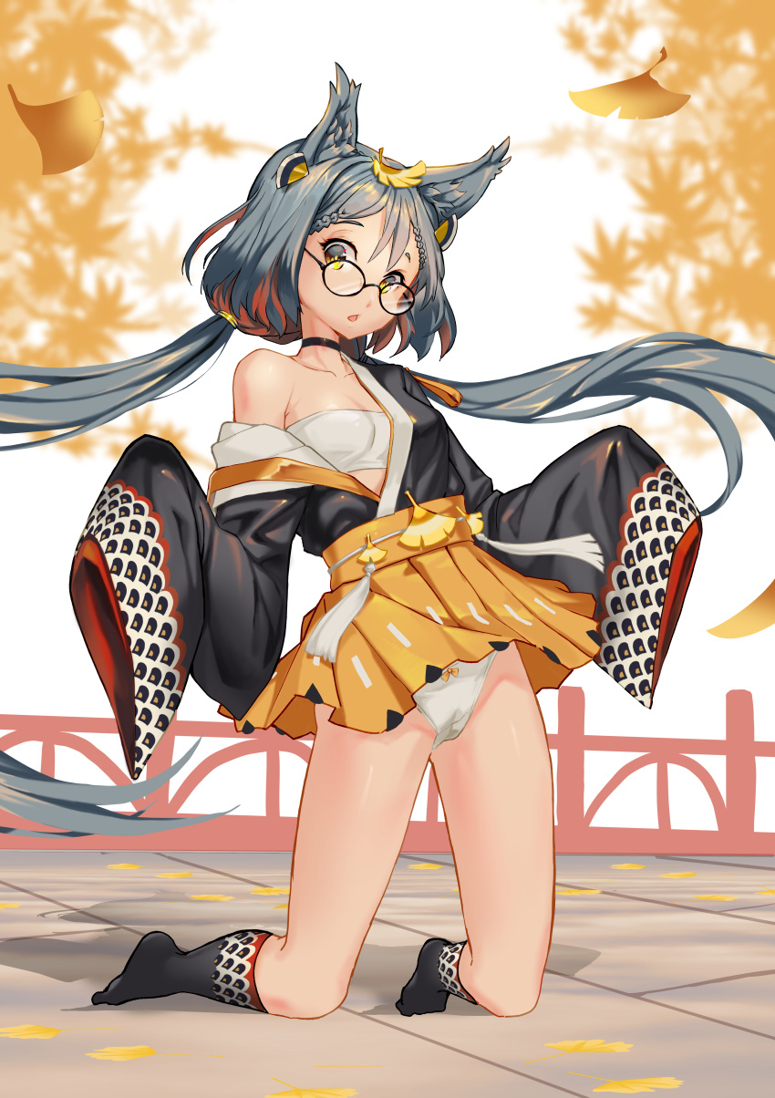 1girl :o absurdres autumn autumn_leaves azur_lane black_choker bluesnail bow bow_panties breasts chest_sarashi choker collarbone commentary_request ginkgo_leaf glasses grey_hair hatakaze_(azur_lane) highres japanese_clothes kimono kneeling looking_at_viewer off_shoulder open_clothes open_kimono open_mouth outdoors panties reward_available round_eyewear sarashi seigaiha short_kimono sleeves_past_fingers sleeves_past_wrists small_breasts socks solo underwear very_long_sleeves white_panties wide_sleeves yellow_eyes