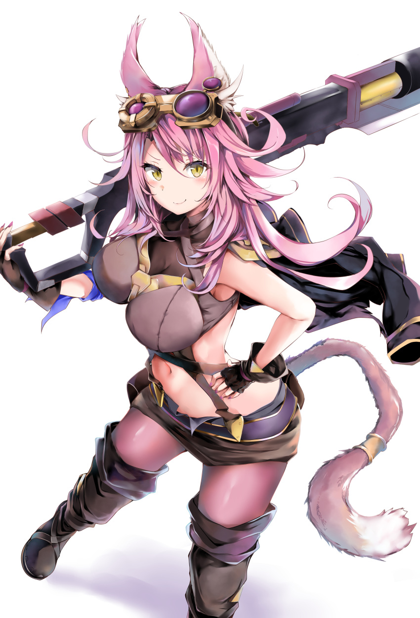 1girl absurdres animal_ears bare_shoulders boots breasts coat coat_on_shoulders duel_monster fingerless_gloves gloves goggles highres kuromiko_shoujo large_breasts long_hair looking_at_viewer midriff navel pink_hair shorts sleeveless solo tail tail_ornament tail_ring thigh_boots thighhighs tri-brigade_ferrijit_the_barren_blossom weapon yellow_eyes yu-gi-oh!