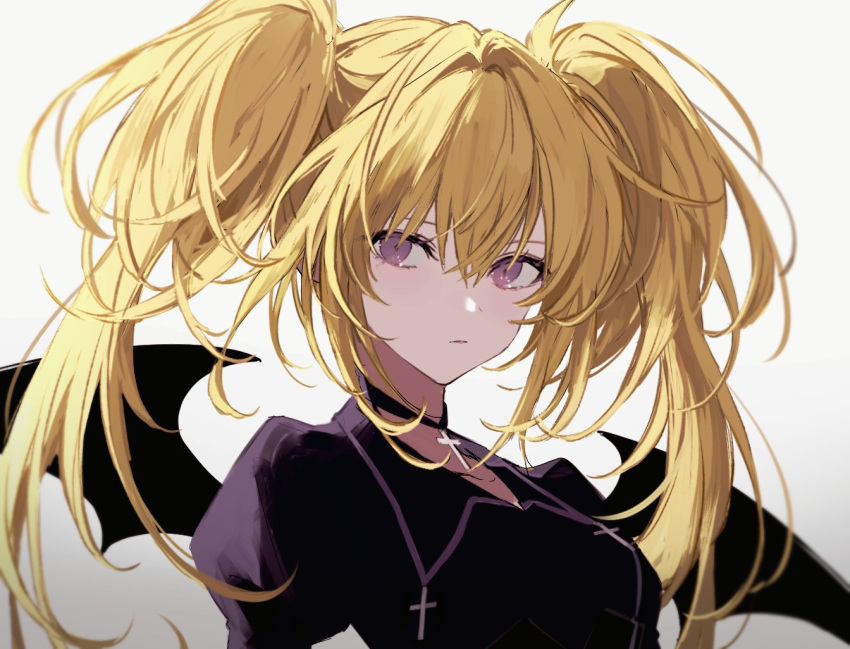 1girl bat_wings black_wings blonde_hair choker cross cross_choker hoshina_utau long_hair messy_hair nozz177 portrait purple_eyes shugo_chara! solo twintails white_background wings