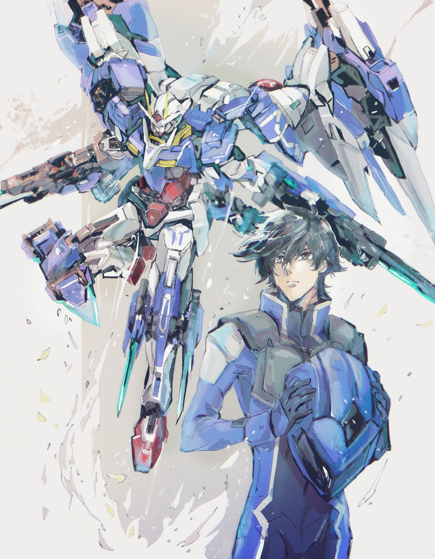 00_gundam 00_raiser 1boy black_hair bodysuit brown_eyes gundam gundam_00 headwear_removed helmet helmet_removed highres holding holding_helmet holding_weapon kare_(0621utak) male_focus mecha pilot_suit robot setsuna_f._seiei v-fin weapon